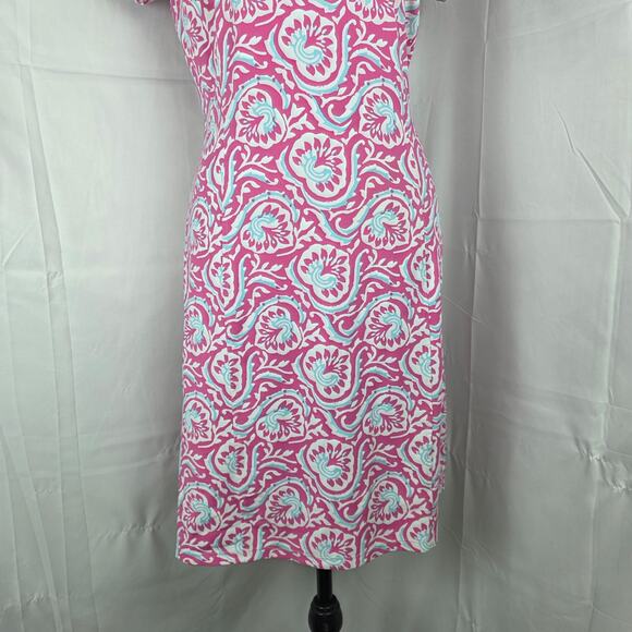 J. McLaughlin Dress XS Pink Aqua Scroll Floral Short Sleeve Knit Shift Stretch - Picture 4 of 11